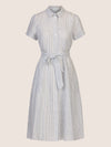 Mint & Mia Midi gestreiftes Leinen Kleid mit Bindegürtel | hellblau-creme