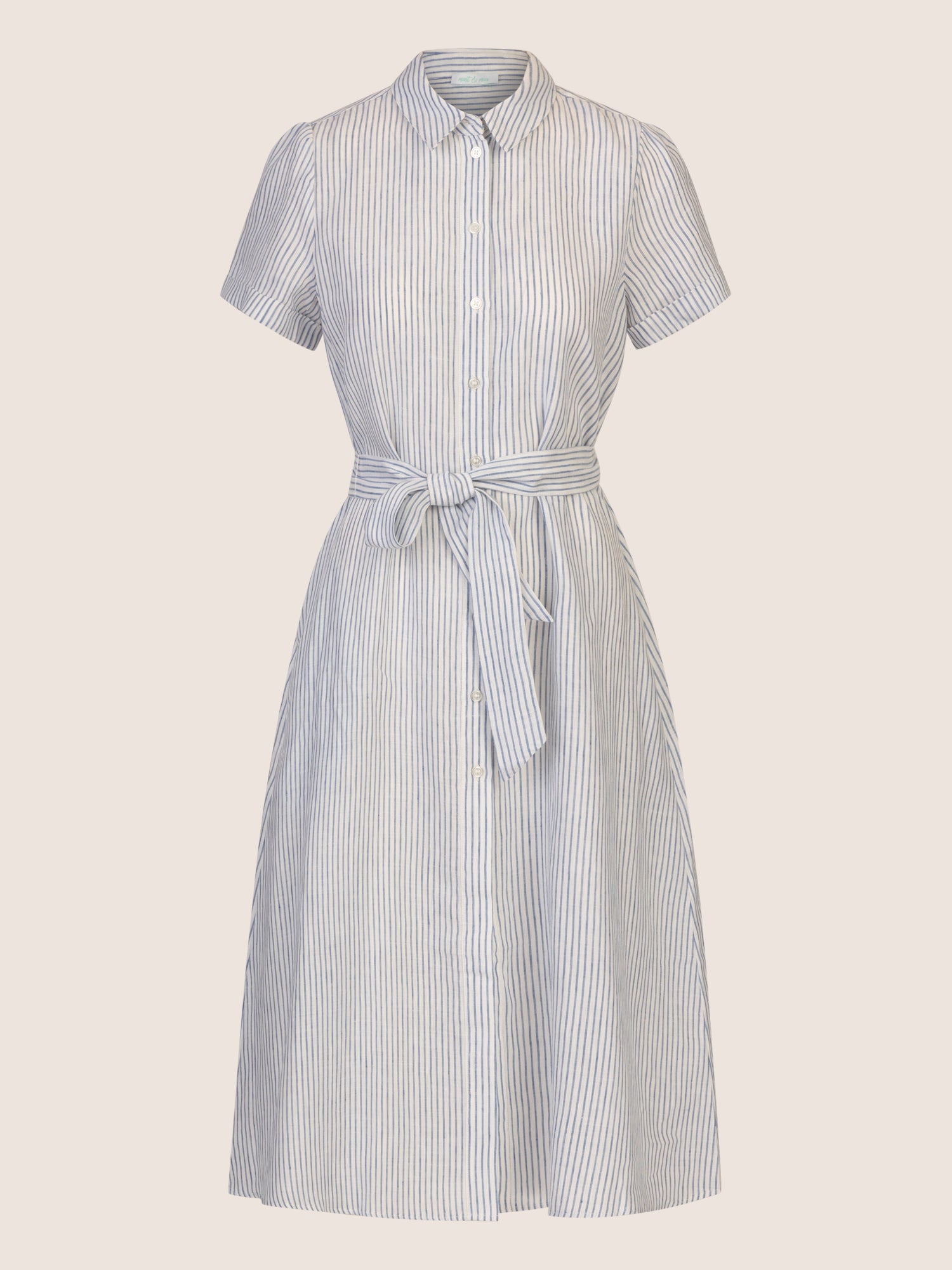 Mint & Mia Midi gestreiftes Leinen Kleid mit Bindegürtel | hellblau-creme