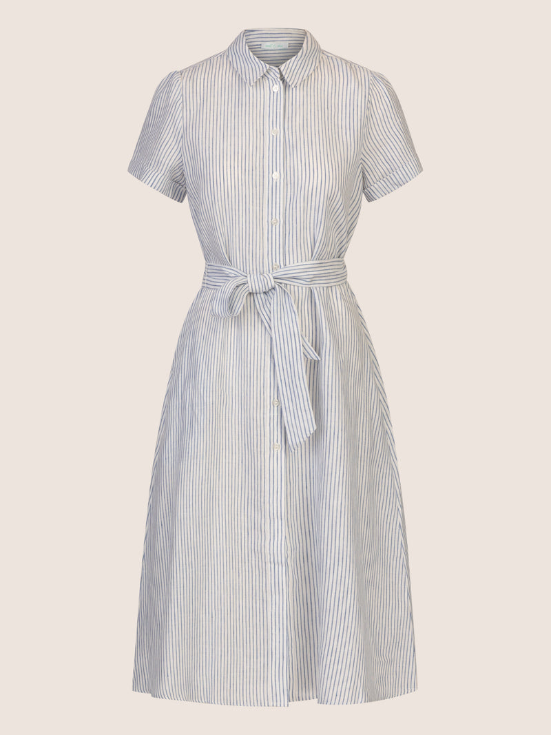 Mint & Mia Midi gestreiftes Leinen Kleid mit Bindegürtel | hellblau-creme