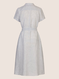 Mint & Mia Midi gestreiftes Leinen Kleid mit Bindegürtel | hellblau-creme