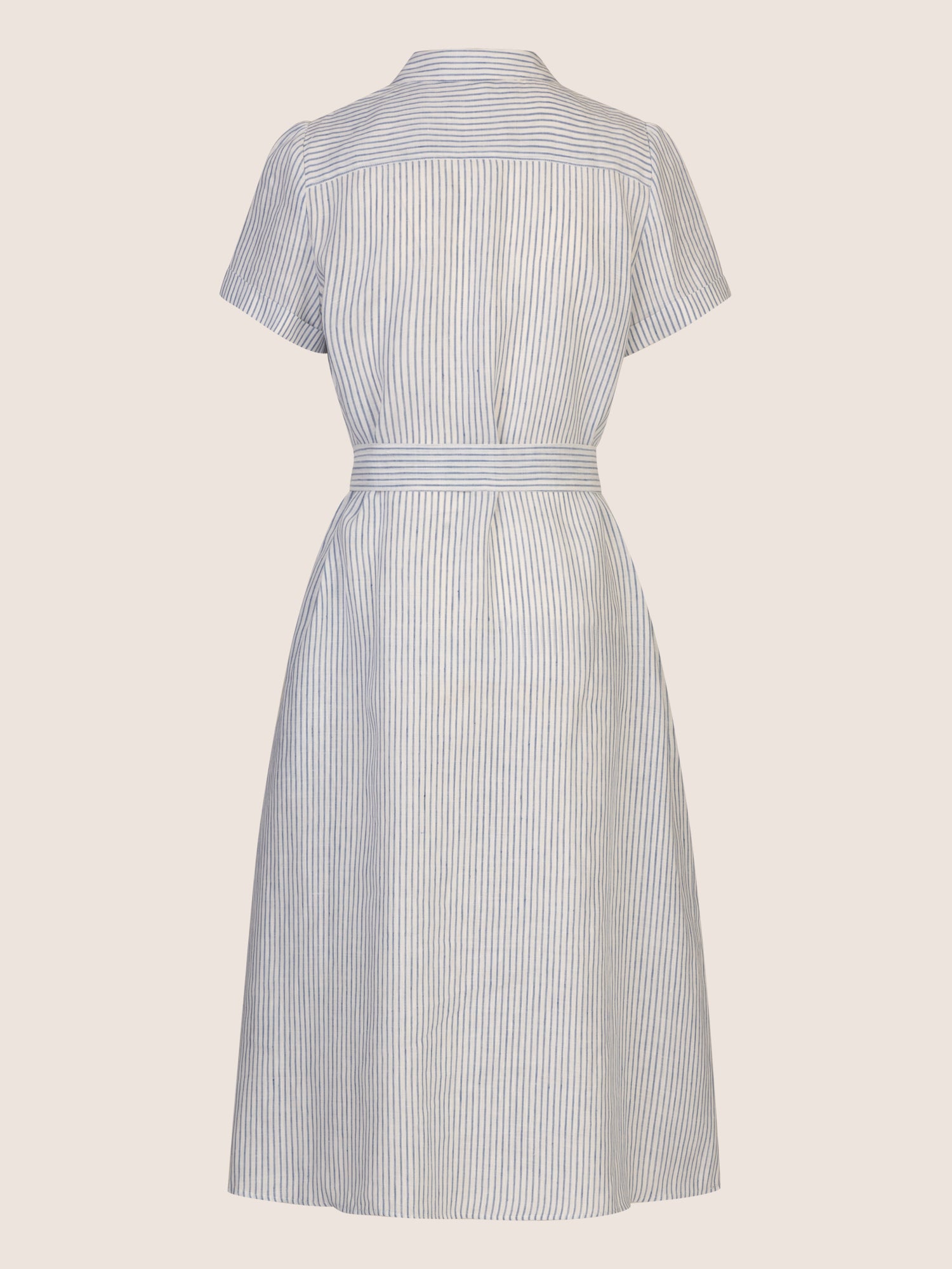 Mint & Mia Midi gestreiftes Leinen Kleid mit Bindegürtel | hellblau-creme