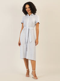 Mint & Mia Midi gestreiftes Leinen Kleid mit Bindegürtel | hellblau-creme