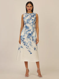 Mint & Mia Langes bedrucktes Leinenkleid mit Blumendruck | creme-hellblau