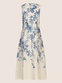 Mint & Mia Langes bedrucktes Leinenkleid mit Blumendruck | creme-hellblau
