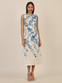 Mint & Mia Langes bedrucktes Leinenkleid mit Blumendruck | creme-hellblau