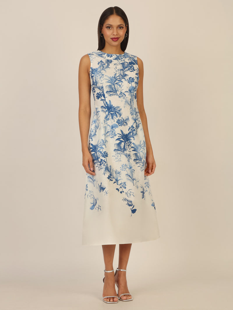 Mint & Mia Langes bedrucktes Leinenkleid mit Blumendruck | creme-hellblau