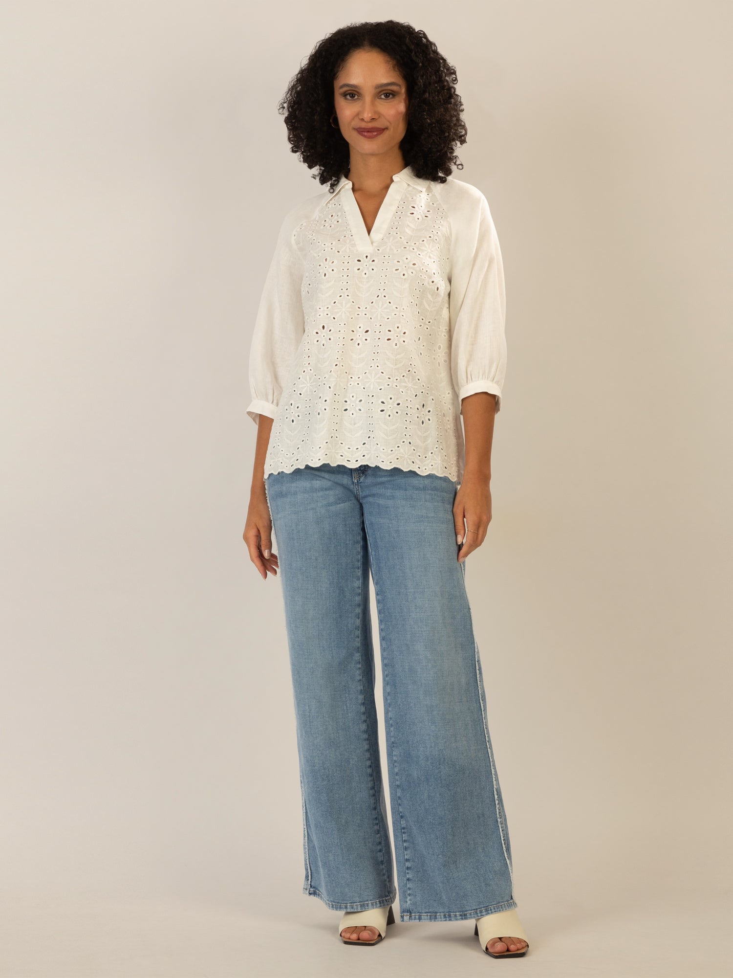 Mint & Mia Tunika mit Lochspitze mit Lochstickerei und 3/4-Ärmeln | creme