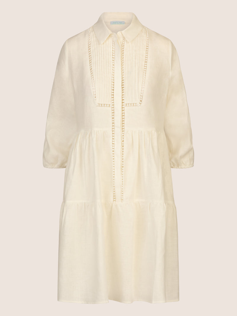 Mint & Mia Kurzes Leinen Kleid mit Biesen und Volantstufen | creme