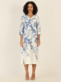 Mint & Mia Langes Tunika Leinen Kleid mit botanischem Print | creme-hellblau