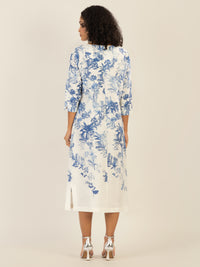 Mint & Mia Langes Tunika Leinen Kleid mit botanischem Print | creme-hellblau