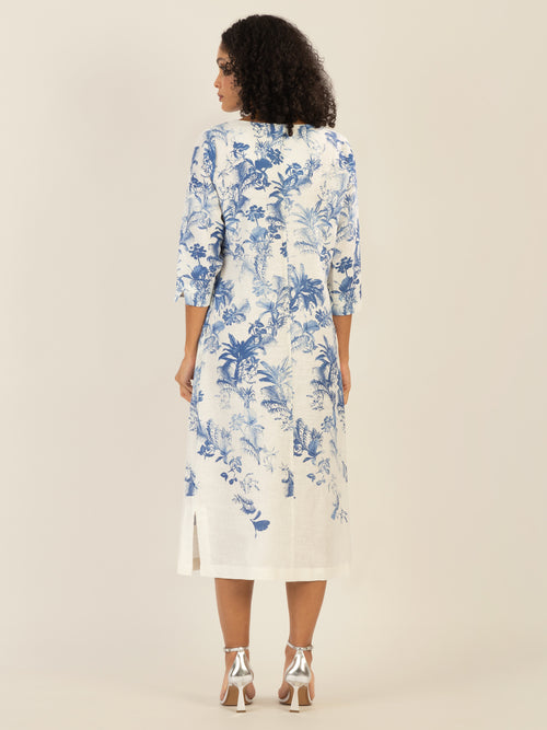 Mint & Mia Langes Tunika Leinen Kleid mit botanischem Print | creme-hellblau image 1