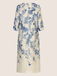 Mint & Mia Langes Tunika Leinen Kleid mit botanischem Print | creme-hellblau