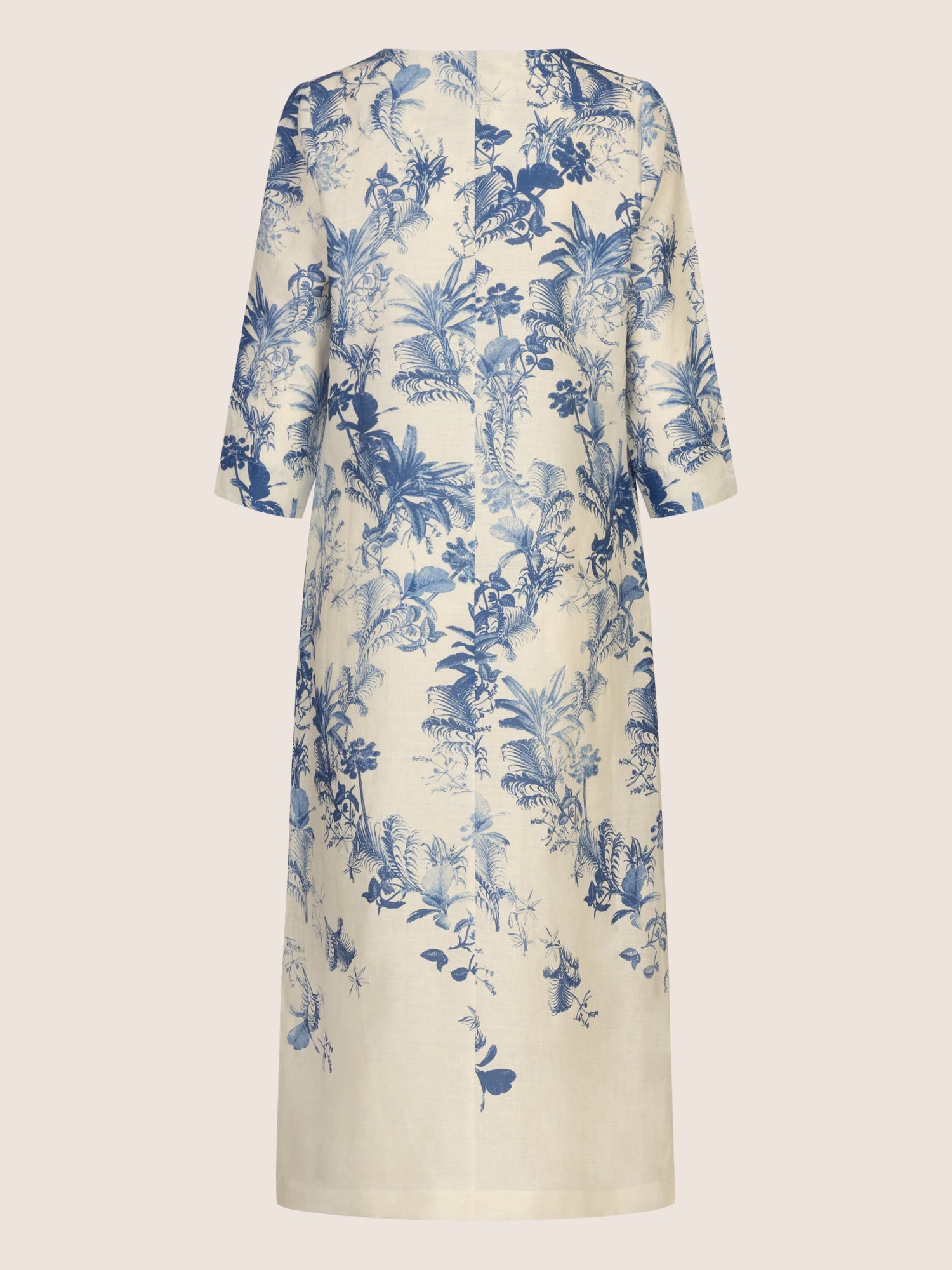 Mint & Mia Langes Tunika Leinen Kleid mit botanischem Print | creme-hellblau