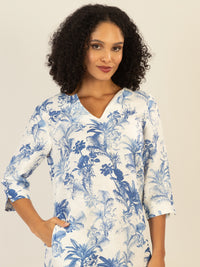 Mint & Mia Langes Tunika Leinen Kleid mit botanischem Print | creme-hellblau