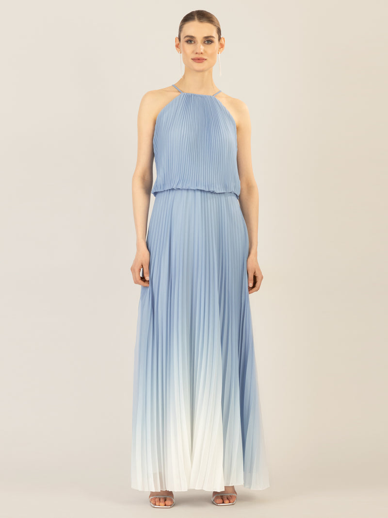 APART langes Plisseekleid im Neckholder-Stil mit Batik-Effekt | hellblau-creme