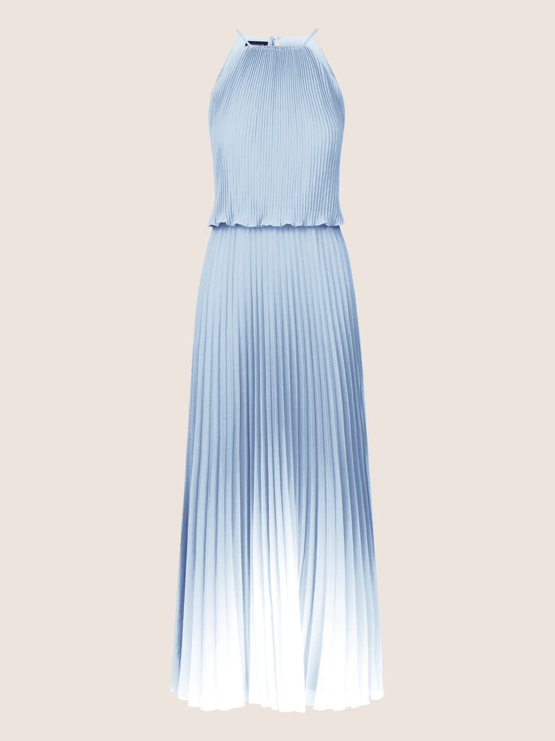 APART langes Plisseekleid im Neckholder-Stil mit Batik-Effekt | hellblau-creme