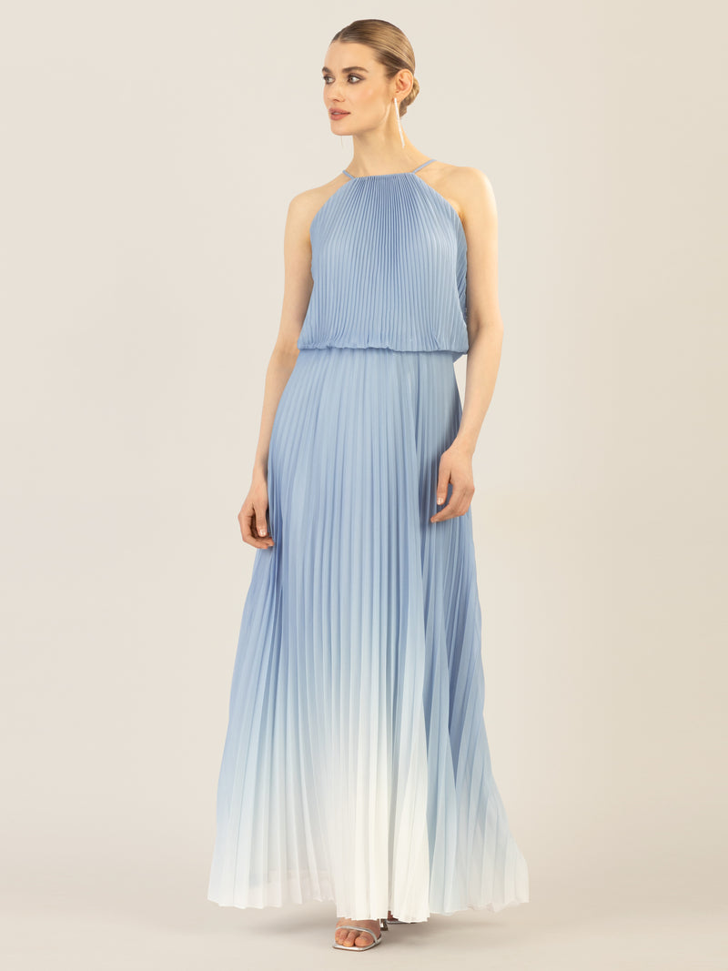 APART langes Plisseekleid im Neckholder-Stil mit Batik-Effekt | hellblau-creme