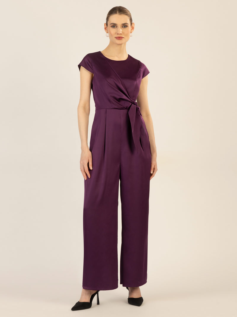 APART Satinoverall mit asymmetrischem Wickel zum knoten | pflaume