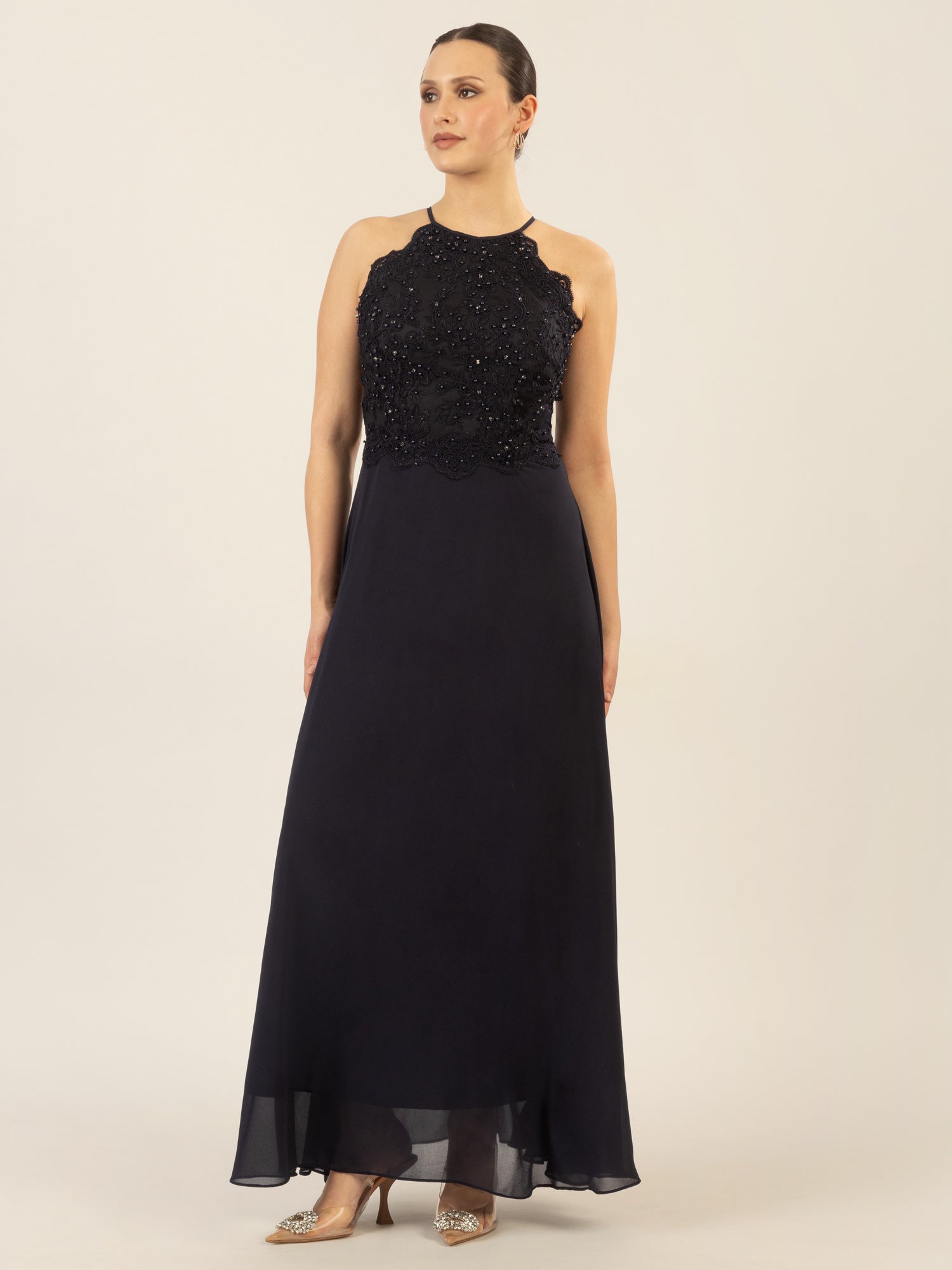 APART Abendkleid aus besticktem Mesh mit farbigen Perlen und Chiffon | nachtblau