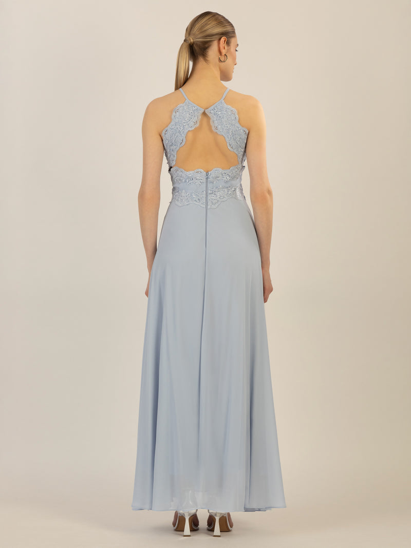 APART Abendkleid aus besticktem Mesh mit farbigen Perlen und Chiffon | hellblau