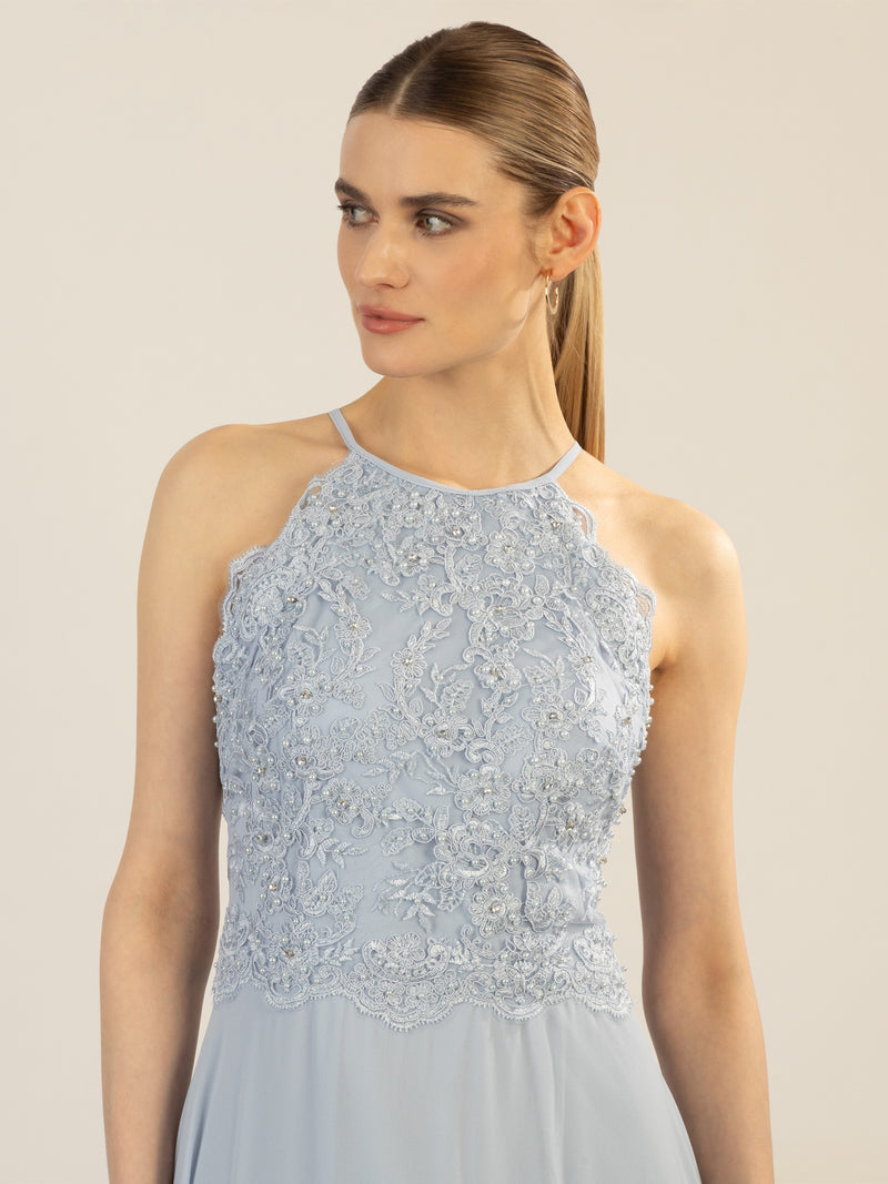APART Abendkleid aus besticktem Mesh mit farbigen Perlen und Chiffon | hellblau
