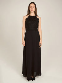 APART Abendkleid aus besticktem Mesh mit farbigen Perlen und Chiffon | schwarz