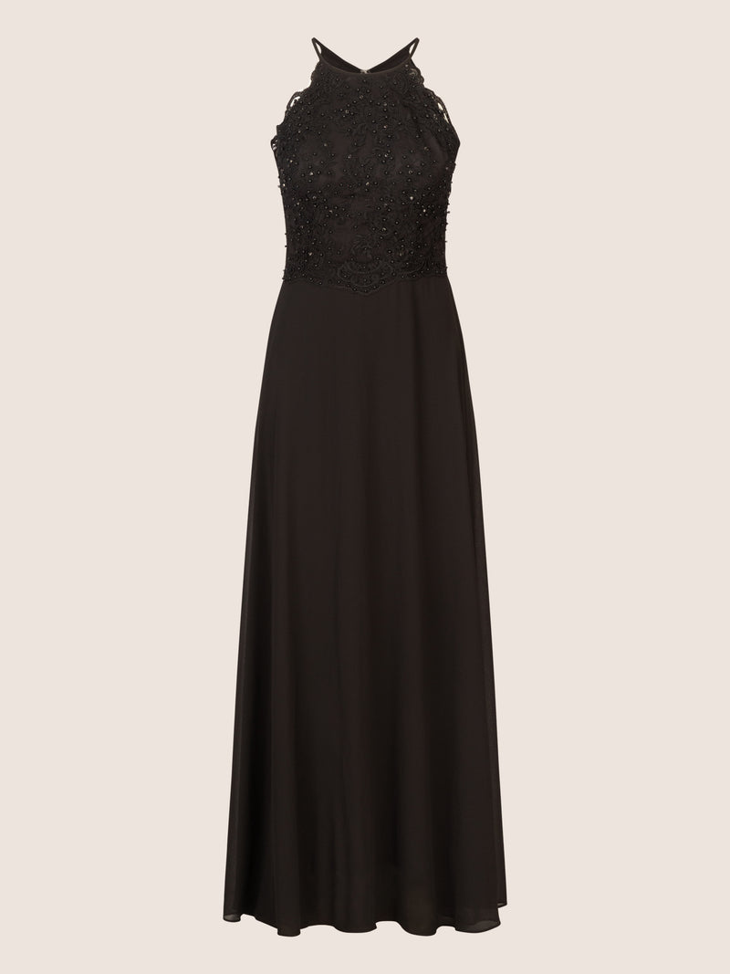 APART Abendkleid aus besticktem Mesh mit farbigen Perlen und Chiffon | schwarz
