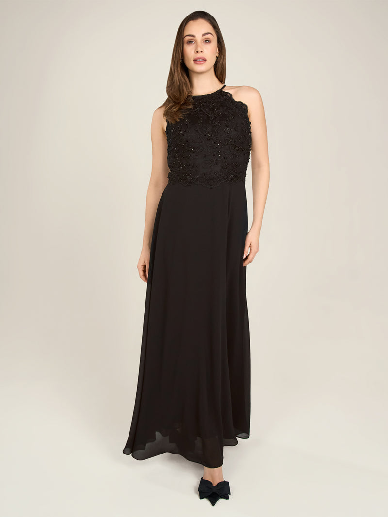 APART Abendkleid aus besticktem Mesh mit farbigen Perlen und Chiffon | schwarz
