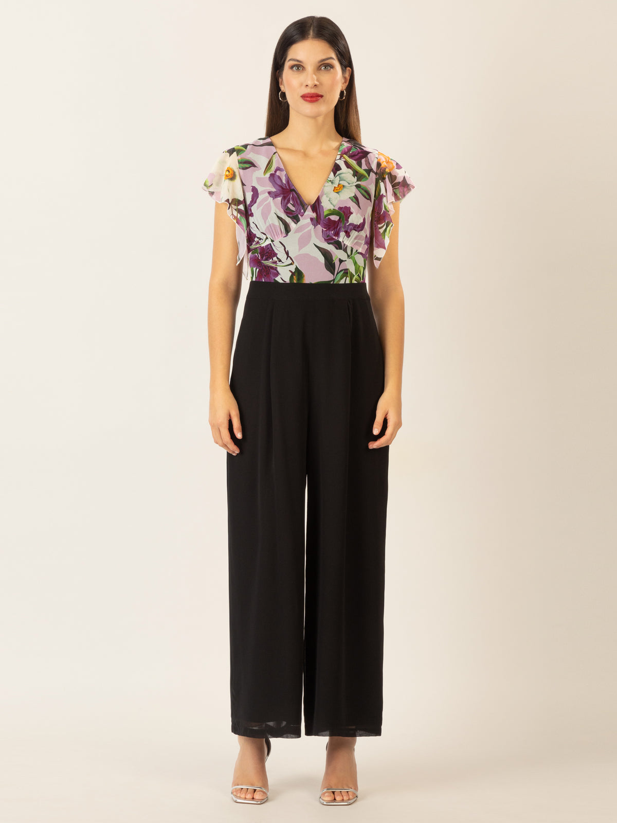 APART Overall aus unifarbenem und bedruckten Chiffon | schwarz-multicolor