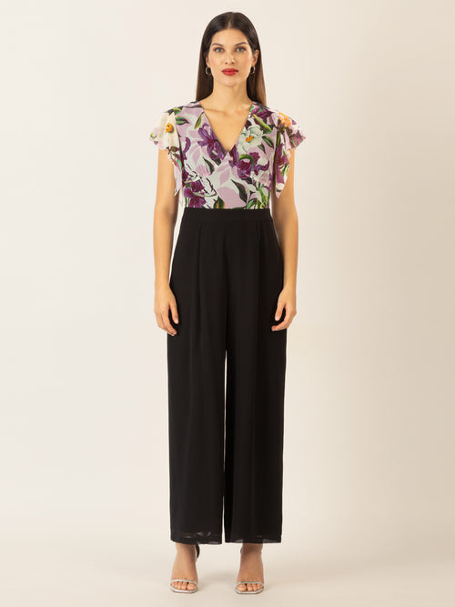APART Overall aus unifarbenem und bedruckten Chiffon | schwarz-multicolor image 1