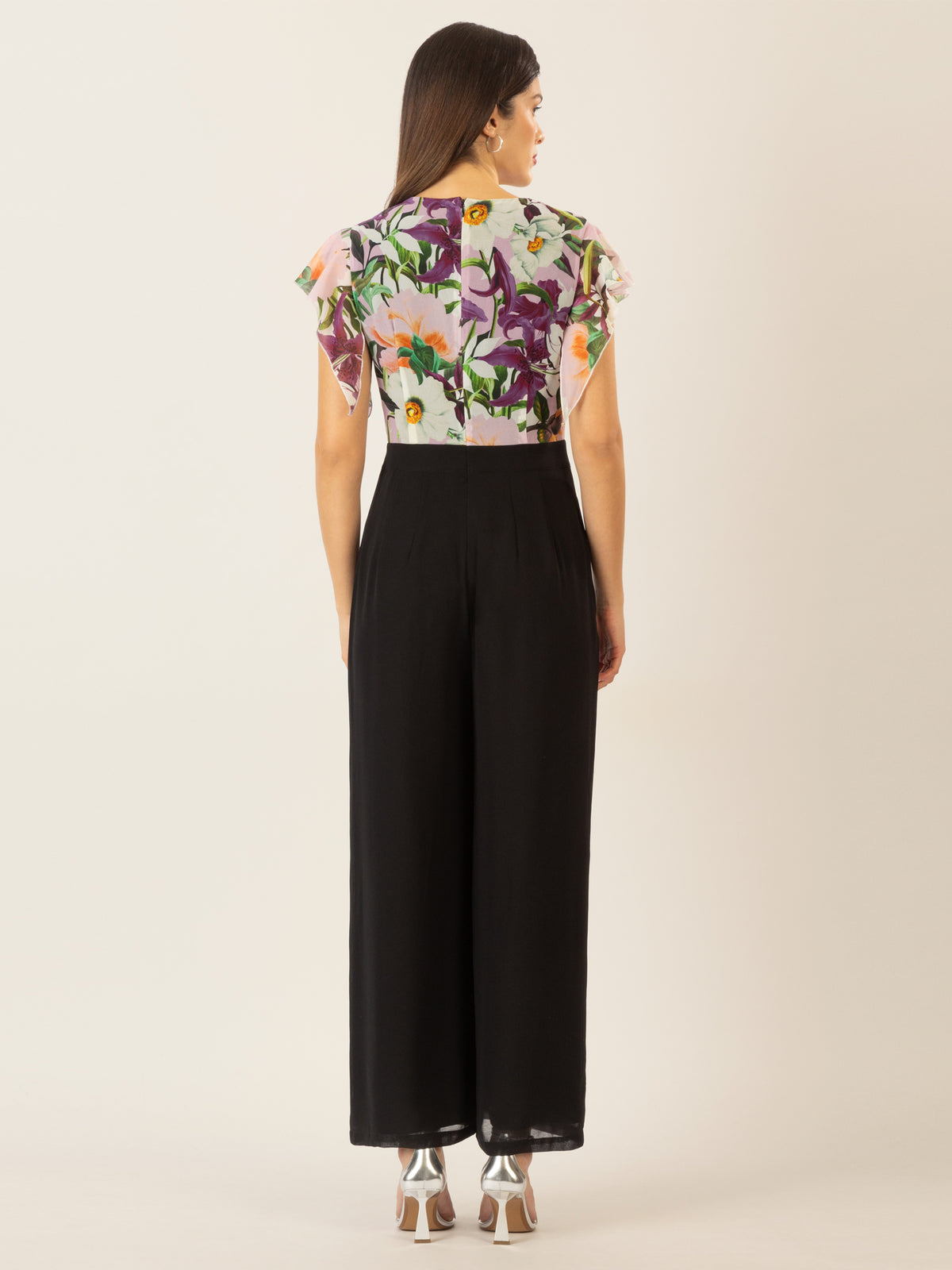 APART Overall aus unifarbenem und bedruckten Chiffon | schwarz-multicolor