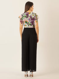 APART Overall aus unifarbenem und bedruckten Chiffon | schwarz-multicolor