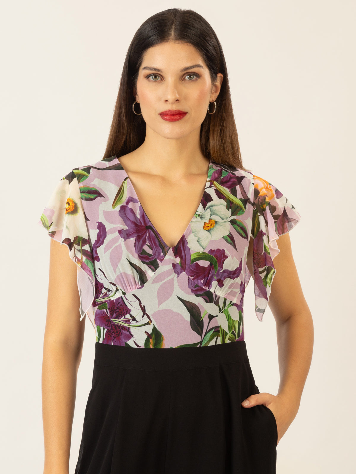 APART Overall aus unifarbenem und bedruckten Chiffon | schwarz-multicolor