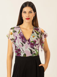 APART Overall aus unifarbenem und bedruckten Chiffon | schwarz-multicolor