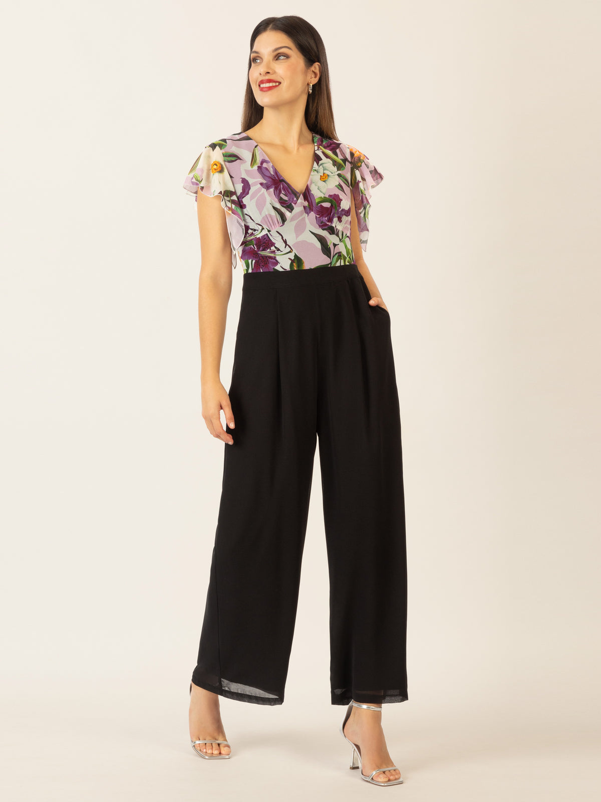 APART Overall aus unifarbenem und bedruckten Chiffon | schwarz-multicolor