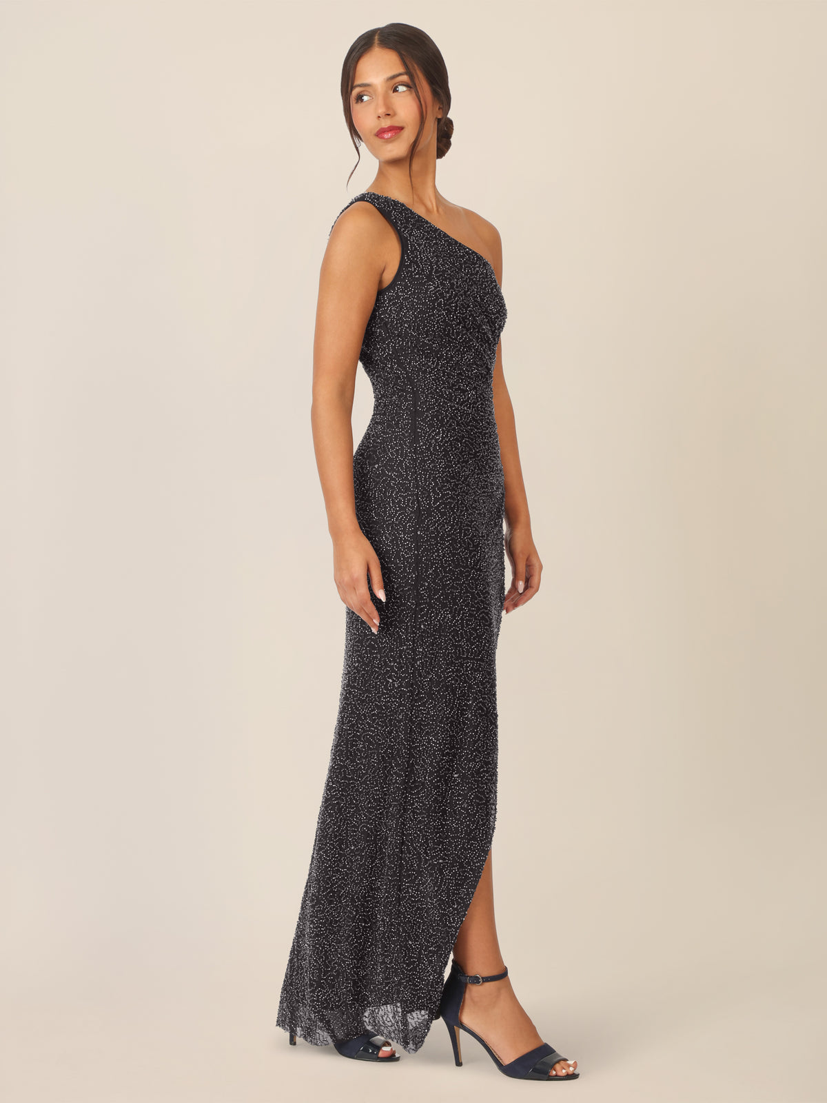 APART One-Shoulder Abendkleid mit Glitzereffekt und Schlitz | schwarz-nachtblau