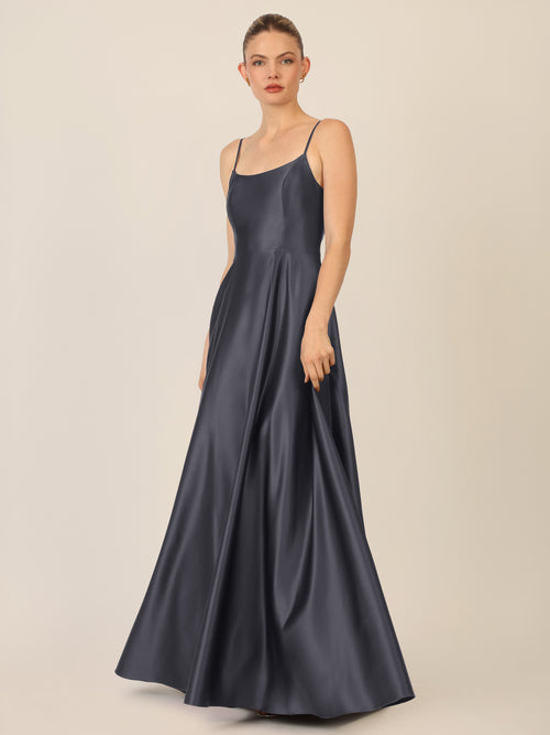 APART Langes Ballkleid aus Satin mit Spaghettiträgern | nachtblau image 1