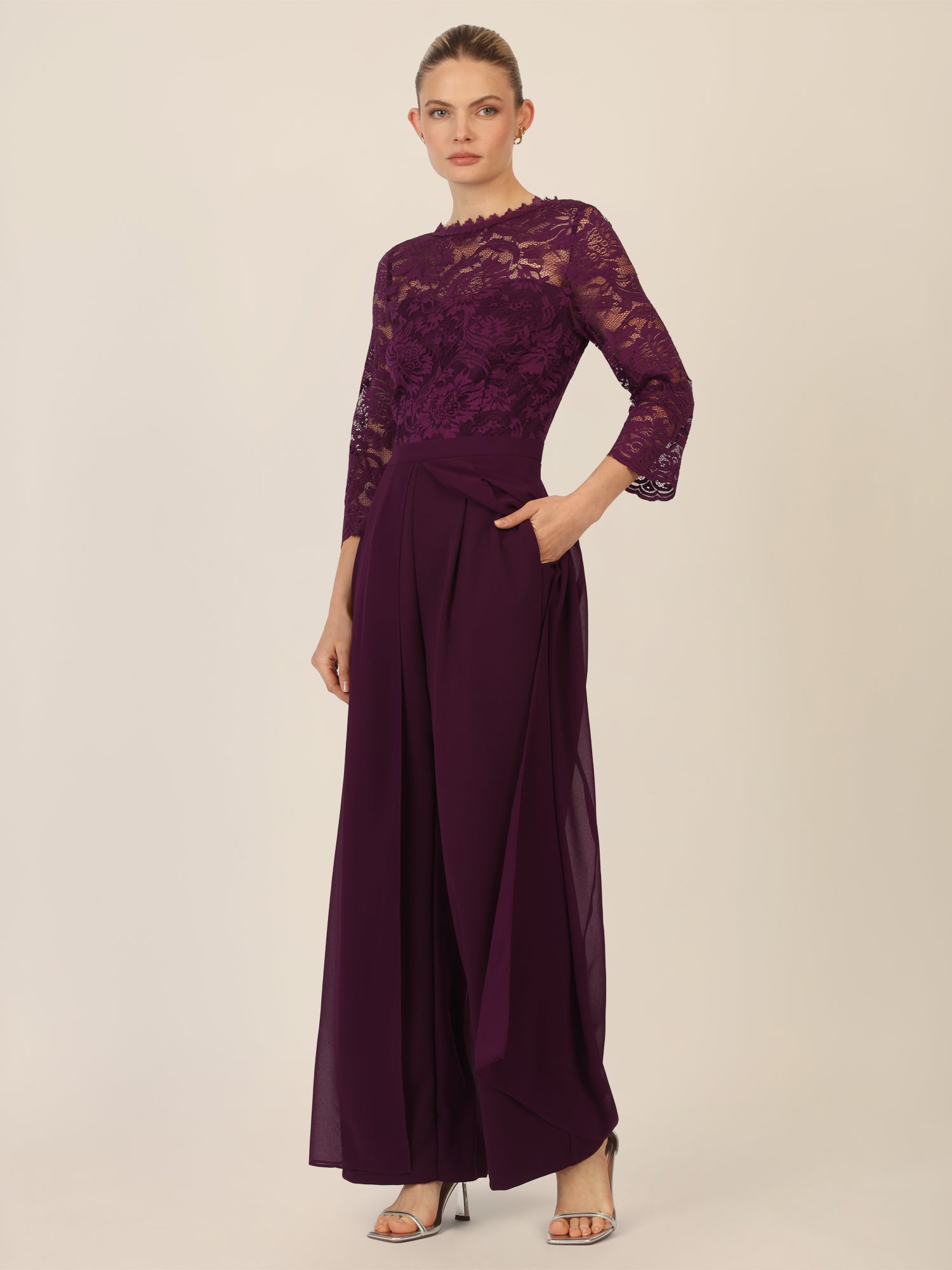 APART Abendoverall mit Spitzentop und weitem Bein | dunkel lila