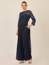 APART Abendoverall mit Spitzentop und weitem Bein | nachtblau