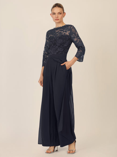 APART Abendoverall mit Spitzentop und weitem Bein | nachtblau image 1