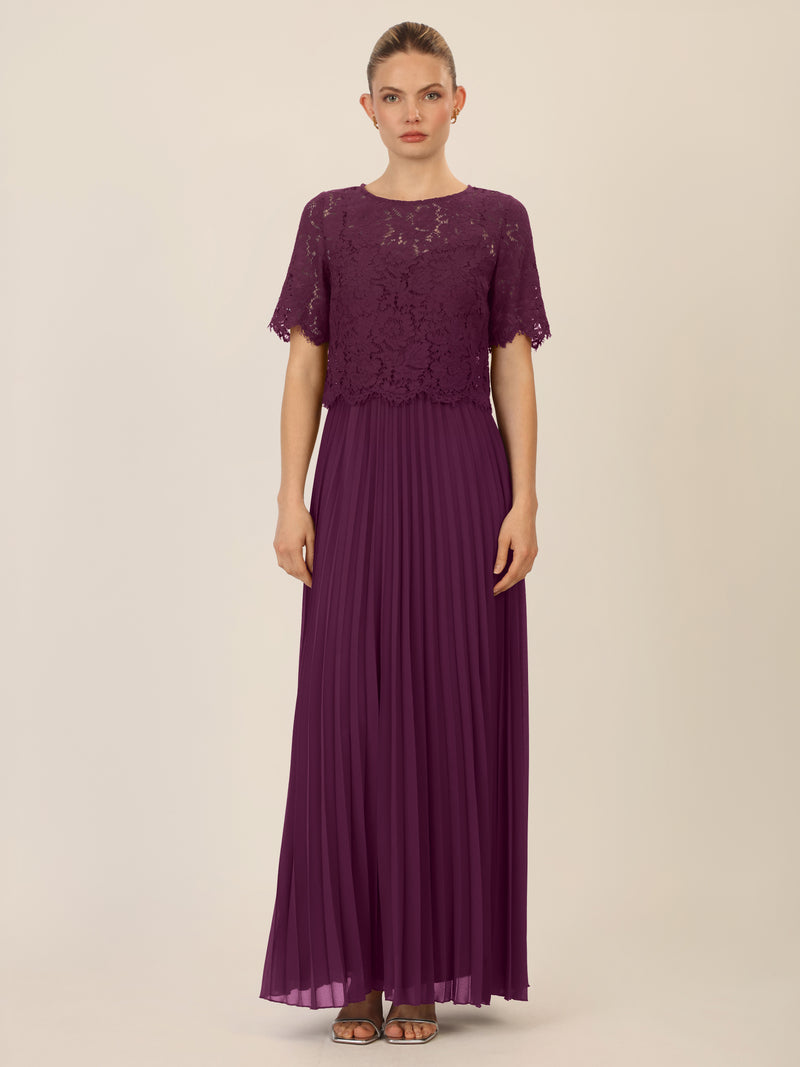 APART Abendkleid mit Spitzenjacke mit Spitzenoberteil und Plisseerock | dunkel lila