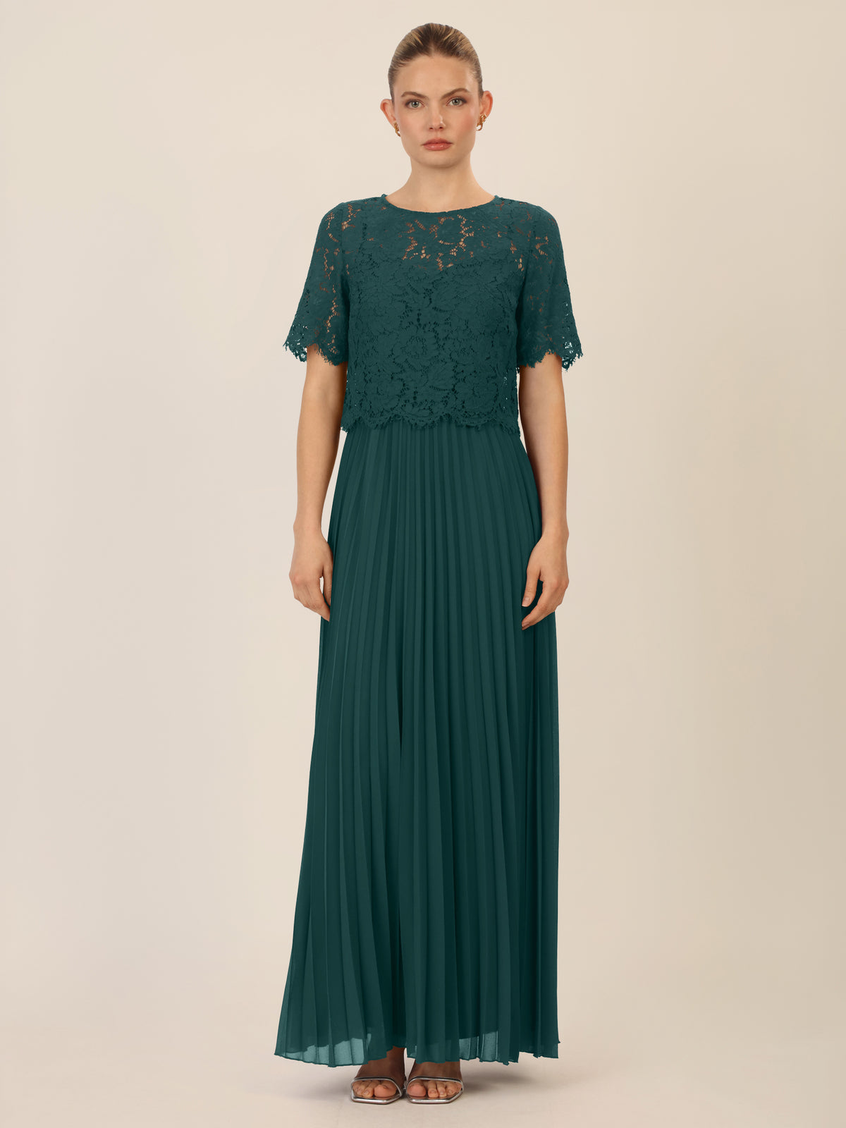 APART Abendkleid mit Spitzenjacke mit Spitzenoberteil und Plisseerock | dunkelgrün