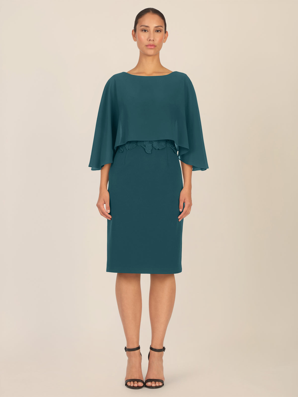 APART Kleid mit Chiffoncape in Lagenoptik mit Spitzenborte | dunkelgrün