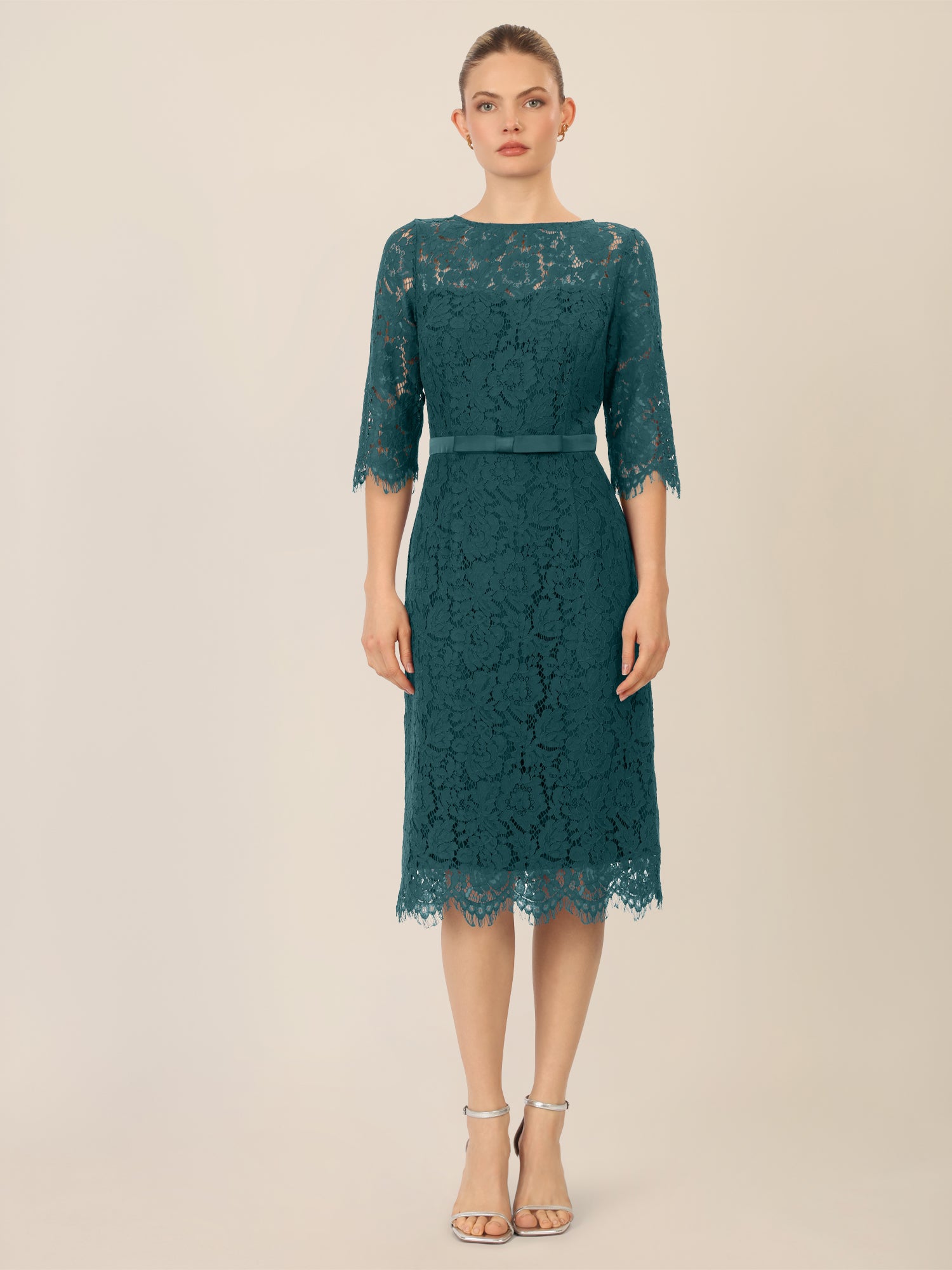 APART Spitzenkleid mit Schleifen-Gürtel | dunkelgrün