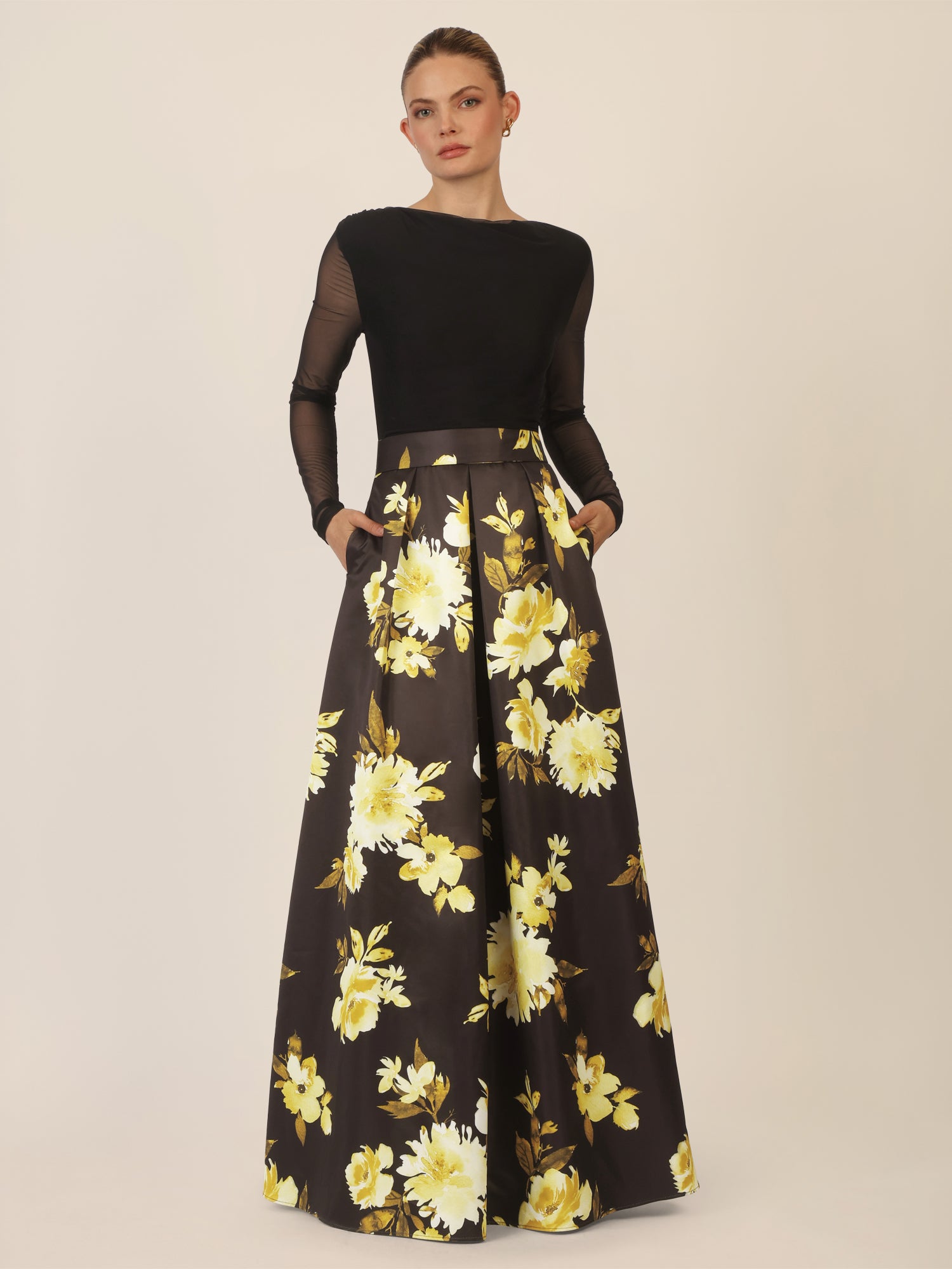 APART Satin-Meshkleid in femininer Zweiteiler-Optik | schwarz-multicolor