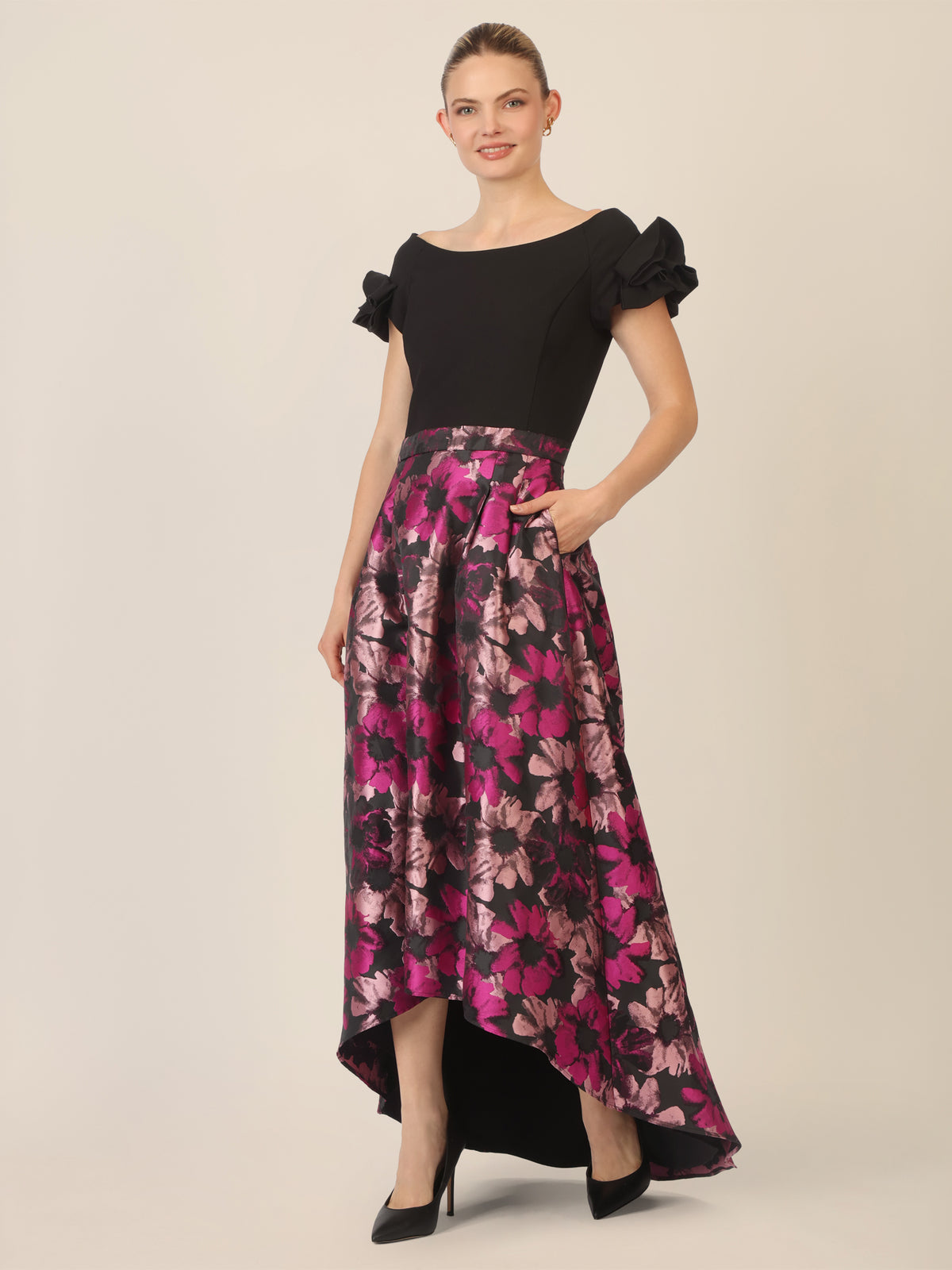 APART Abendkleid aus festem Jersey und Jacquard mit Blumenmuster | schwarz-multicolor