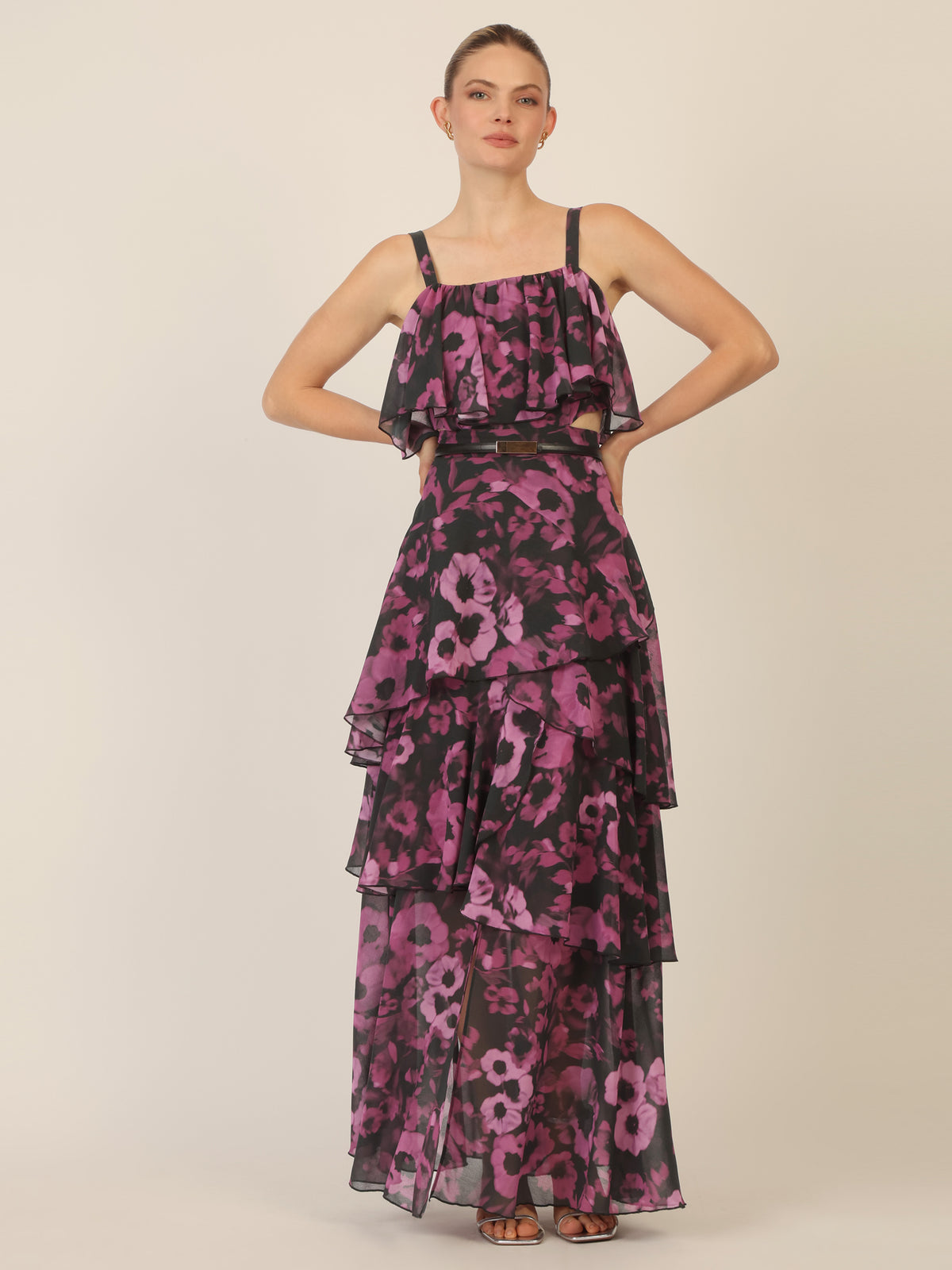 APART Chiffonkleid mit Volants und Metallic-Gürtel | schwarz-multicolor