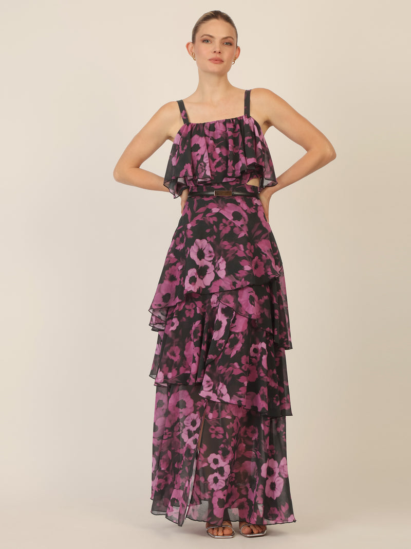 APART Chiffonkleid mit Volants und Metallic-Gürtel | schwarz-multicolor