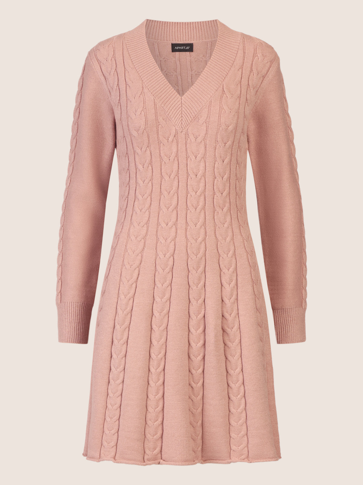 APART Strickkleid mit Zopfmuster und V-Ausschnitt | mauve