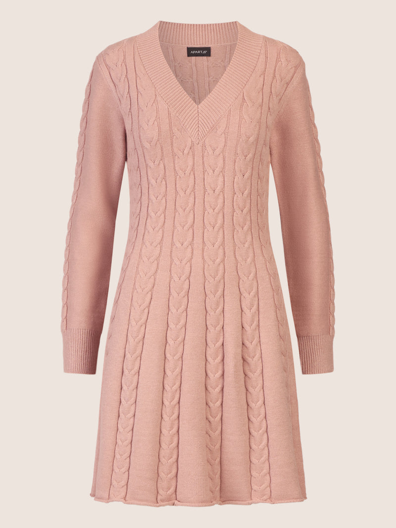 APART Strickkleid mit Zopfmuster und V-Ausschnitt | mauve